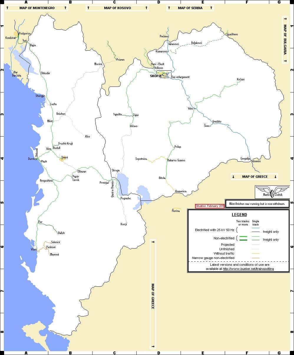 Albanês caminhos-de-ferro mapa